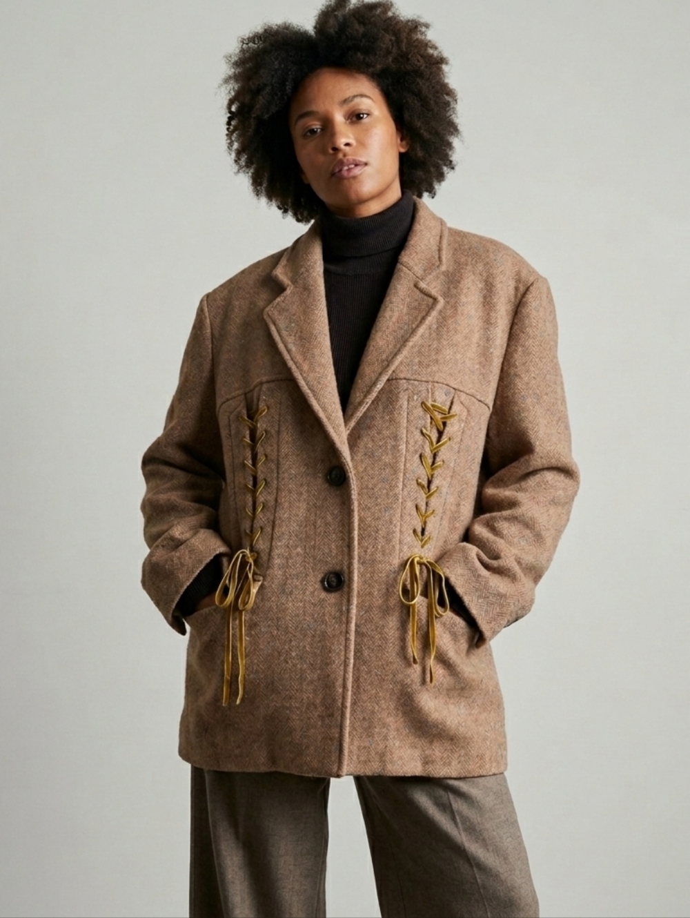 Moromoro Wool Tweed Corset Lace-Up Oversized Blazer Jacket Camel 8